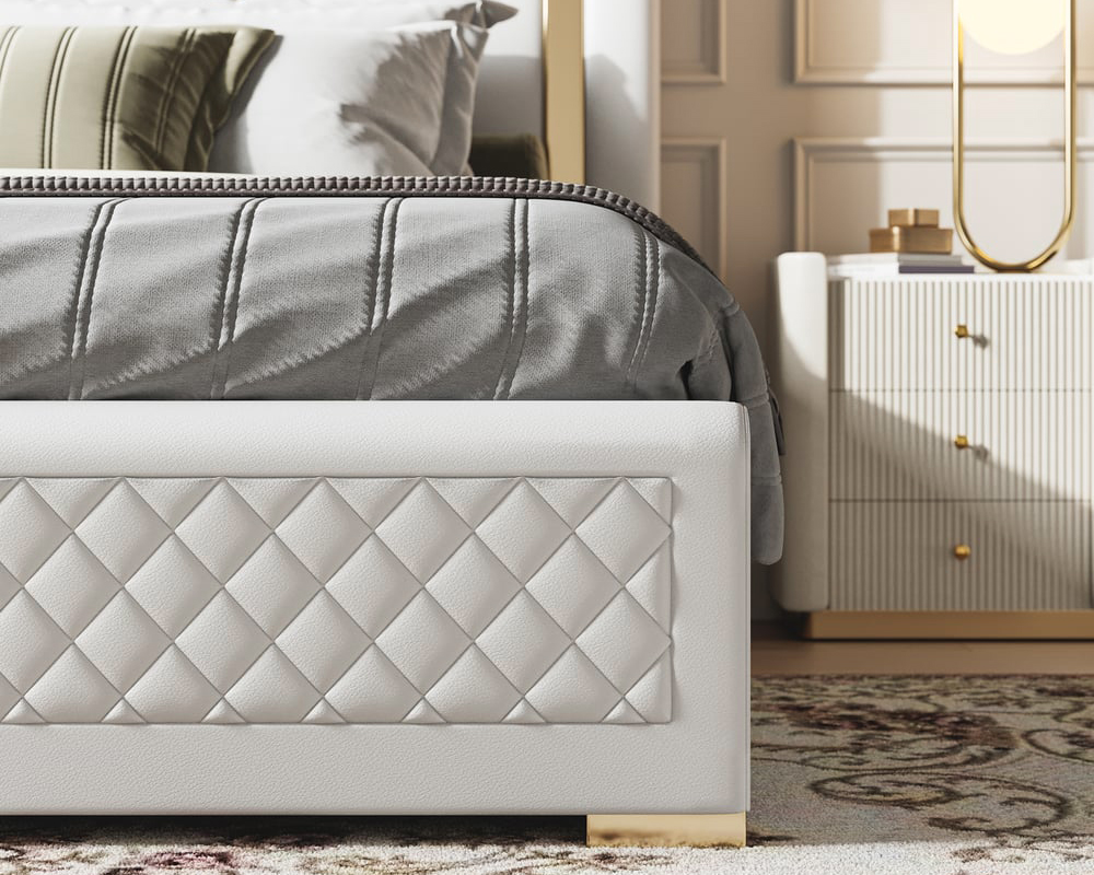 HMR - Modern Upholstered Bed Frame with Polished Gold and Faux Leather Headboard