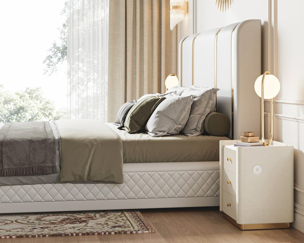 HMR - Modern Upholstered Bed Frame with Polished Gold and Faux Leather Headboard