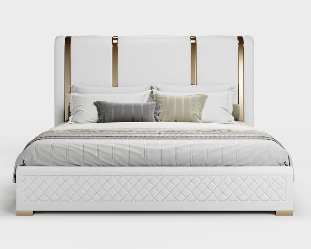HMR - Modern Upholstered Bed Frame with Polished Gold and Faux Leather Headboard