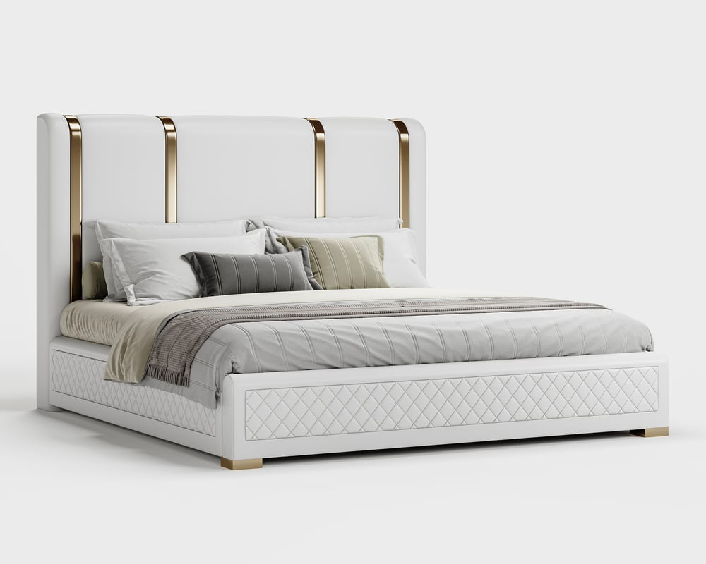 HMR - Modern Upholstered Bed Frame with Polished Gold and Faux Leather Headboard