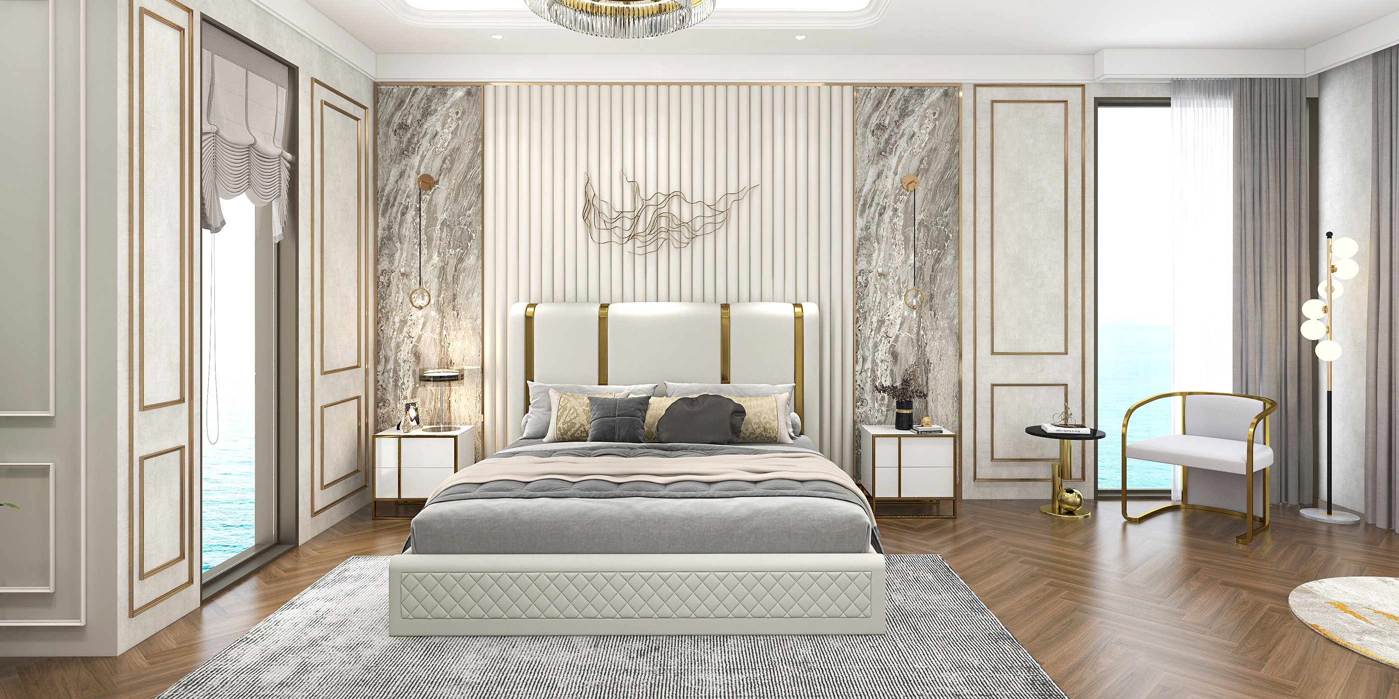 HMR - Modern Upholstered Bed Frame with Polished Gold and Faux Leather Headboard