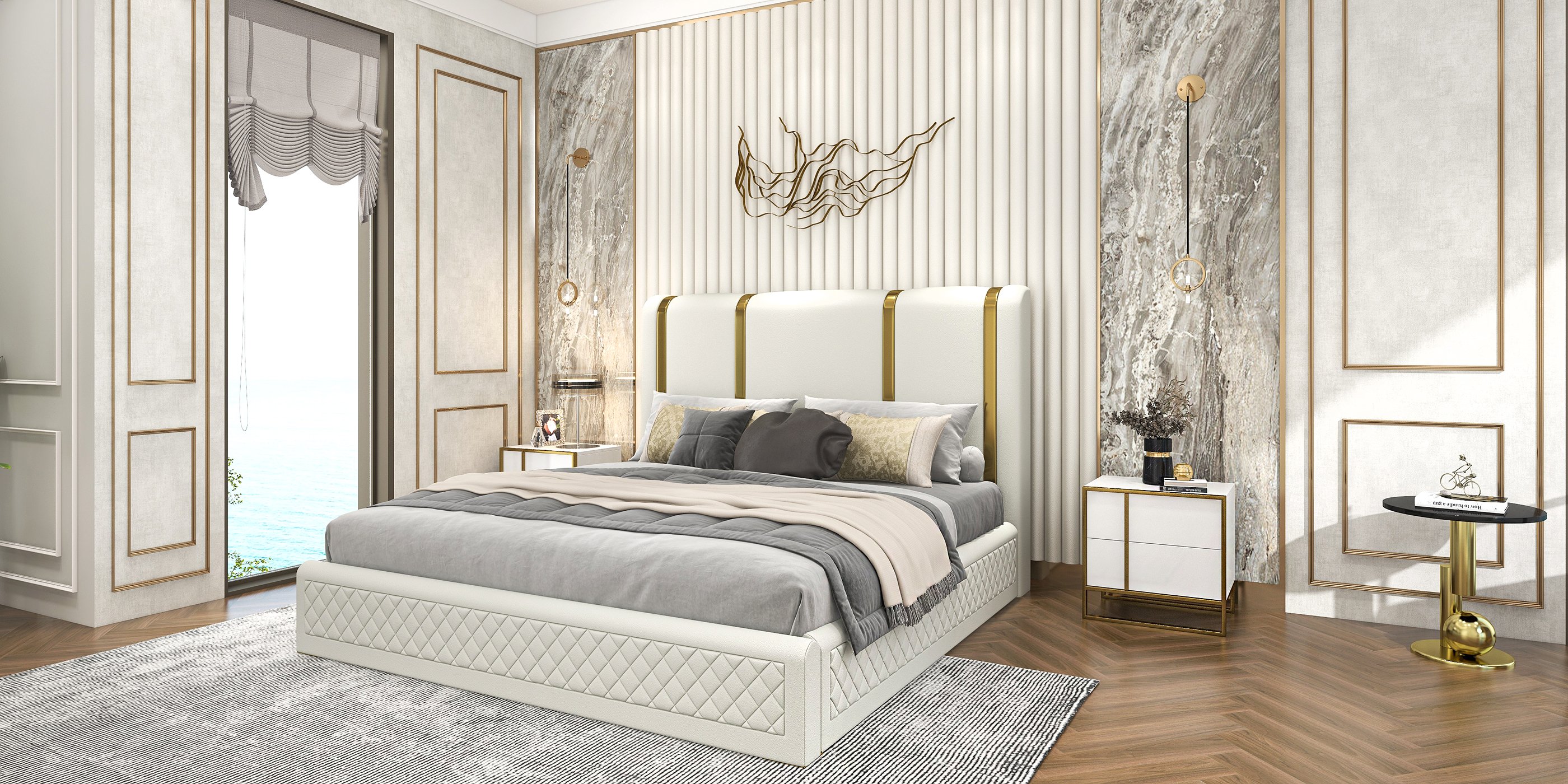 HMR - Modern Upholstered Bed Frame with Polished Gold and Faux Leather Headboard