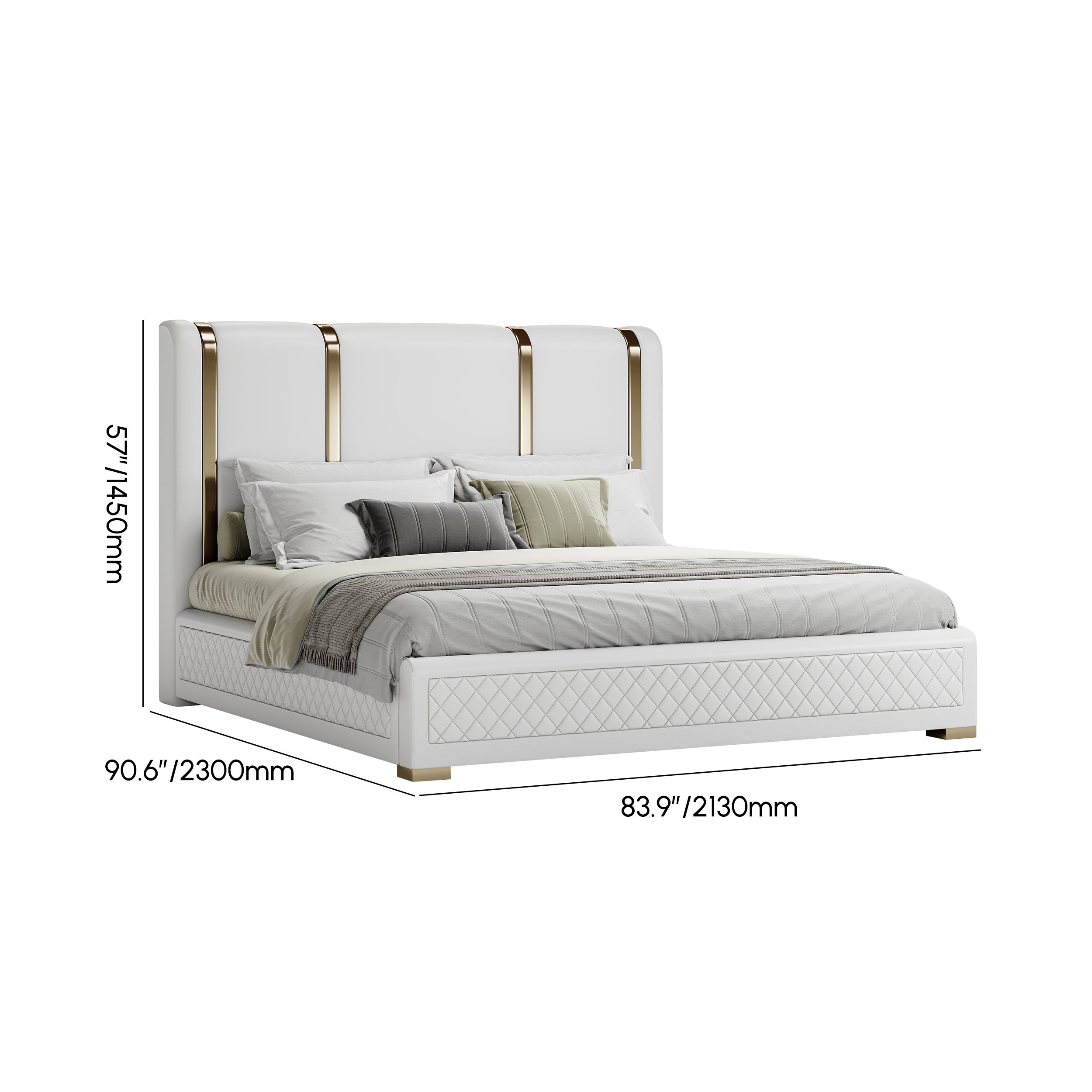 HMR - Modern Upholstered Bed Frame with Polished Gold and Faux Leather Headboard