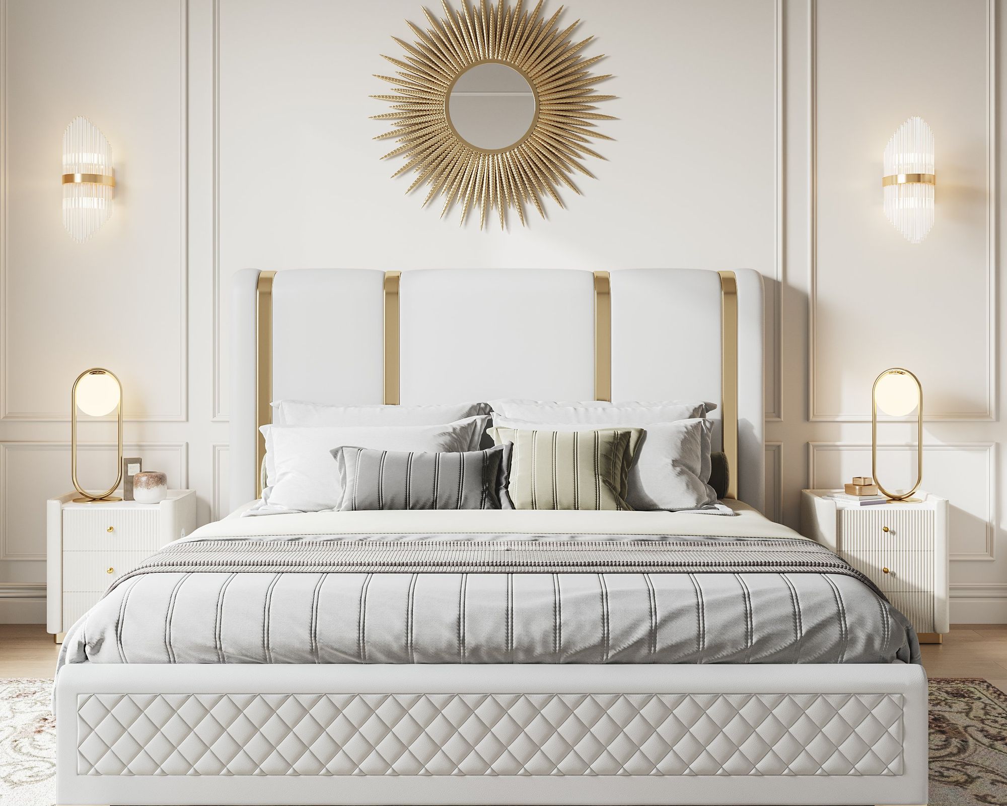 HMR Modern Upholstered Bed Frame with Polished Gold and Faux Leather Headboard - Off-White, Queen Size