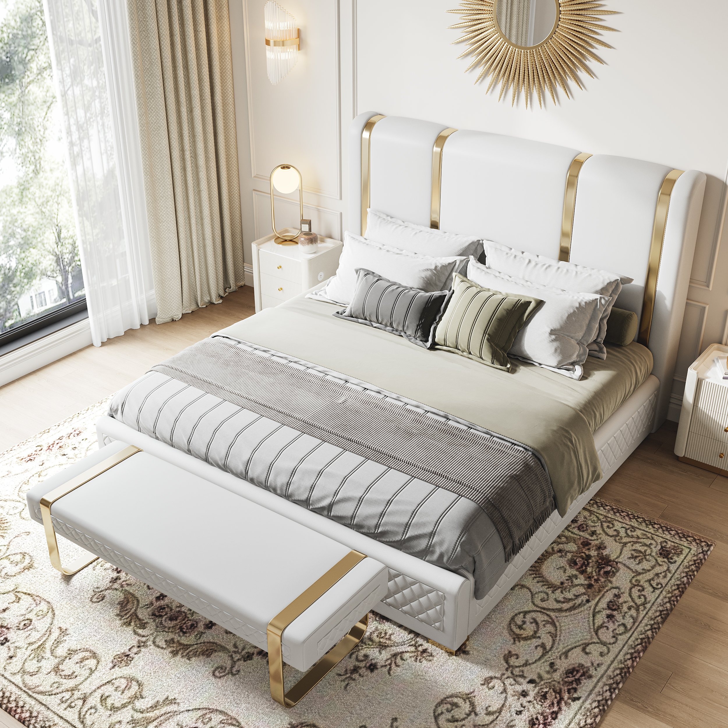 HMR Modern Upholstered Bed Frame with Polished Gold and Faux Leather Headboard - Off-White, Queen Size