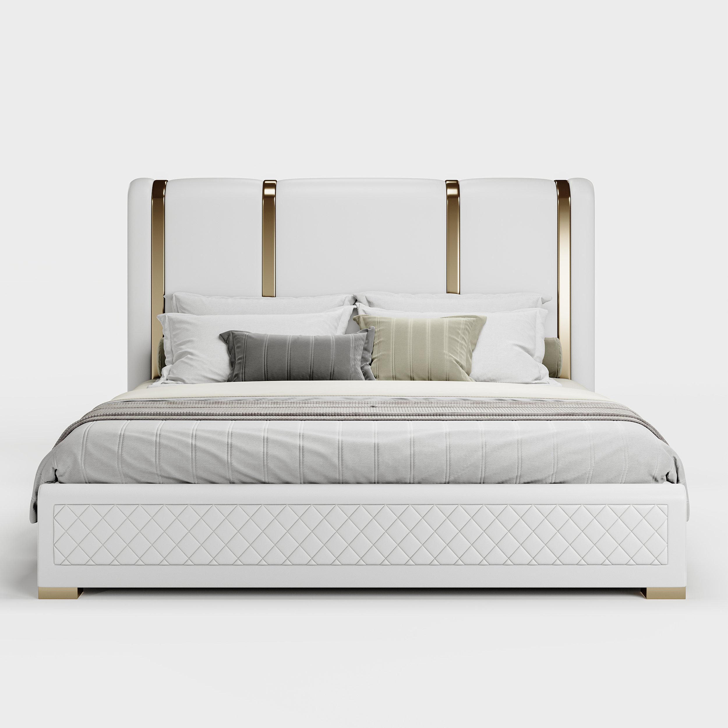 HMR Modern Upholstered Bed Frame with Polished Gold and Faux Leather Headboard - Off-White, Queen Size