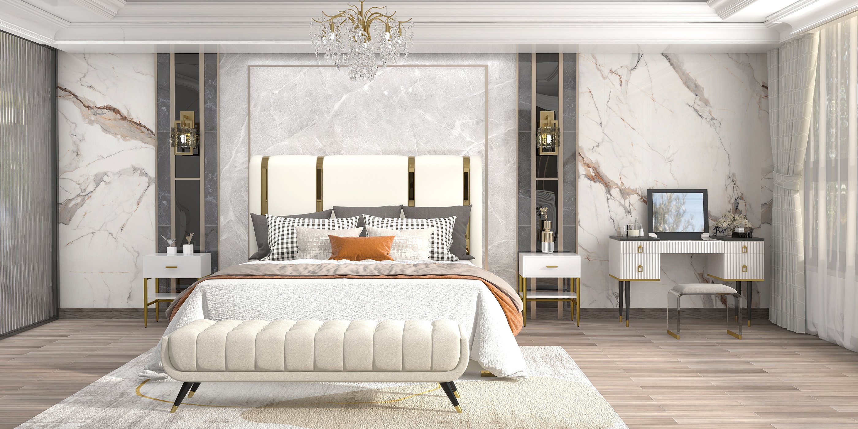 HMR Modern Upholstered Bed Frame with Polished Gold and Faux Leather Headboard - Off-White, Queen Size