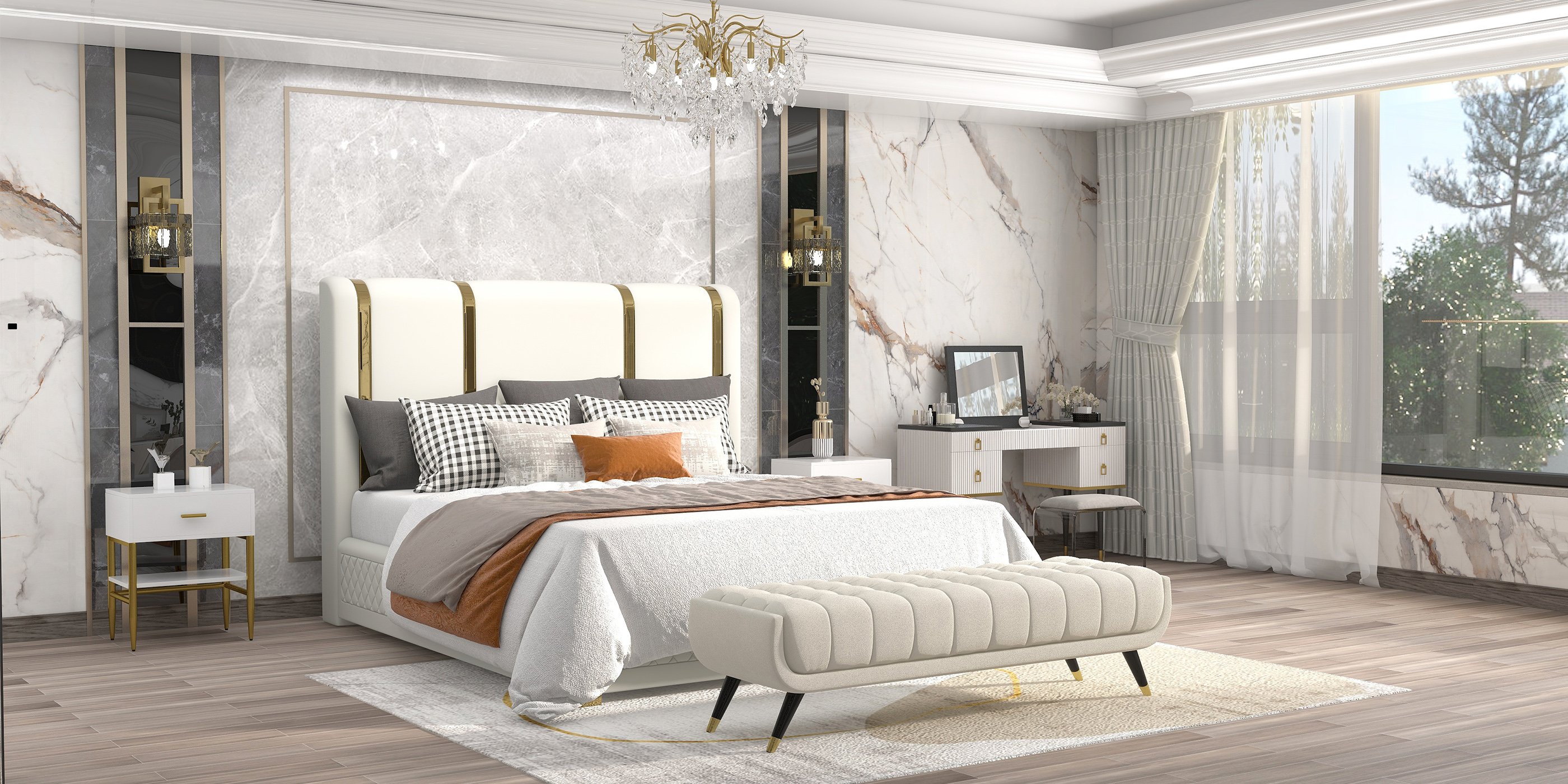 HMR Modern Upholstered Bed Frame with Polished Gold and Faux Leather Headboard - Off-White, Queen Size