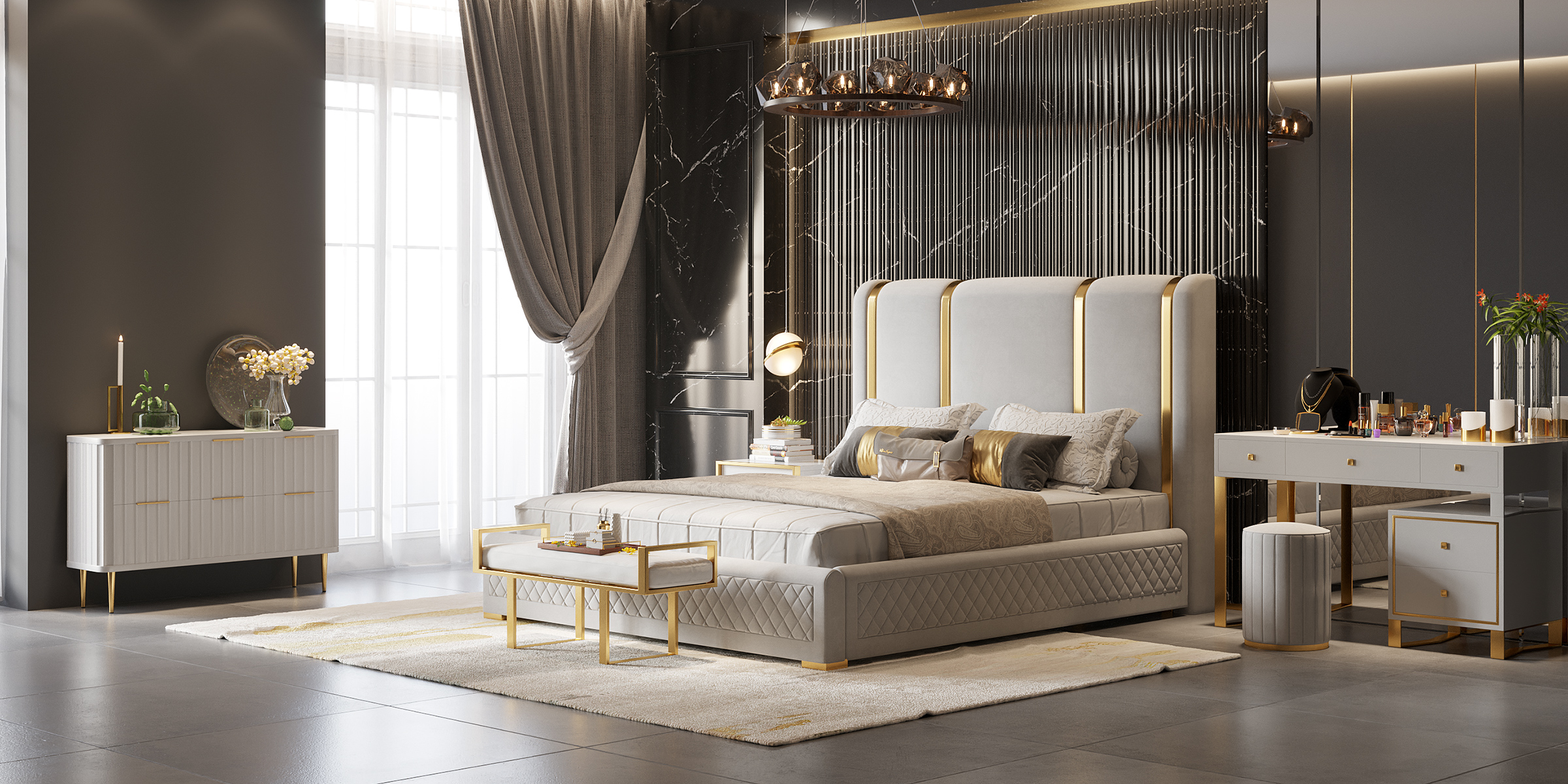 HMR Modern Upholstered Bed Frame with Polished Gold and Faux Leather Headboard - Off-White, Queen Size