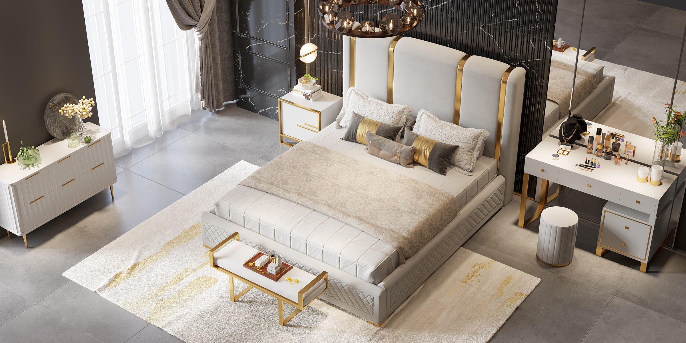 HMR Modern Upholstered Bed Frame with Polished Gold and Faux Leather Headboard - Off-White, Queen Size