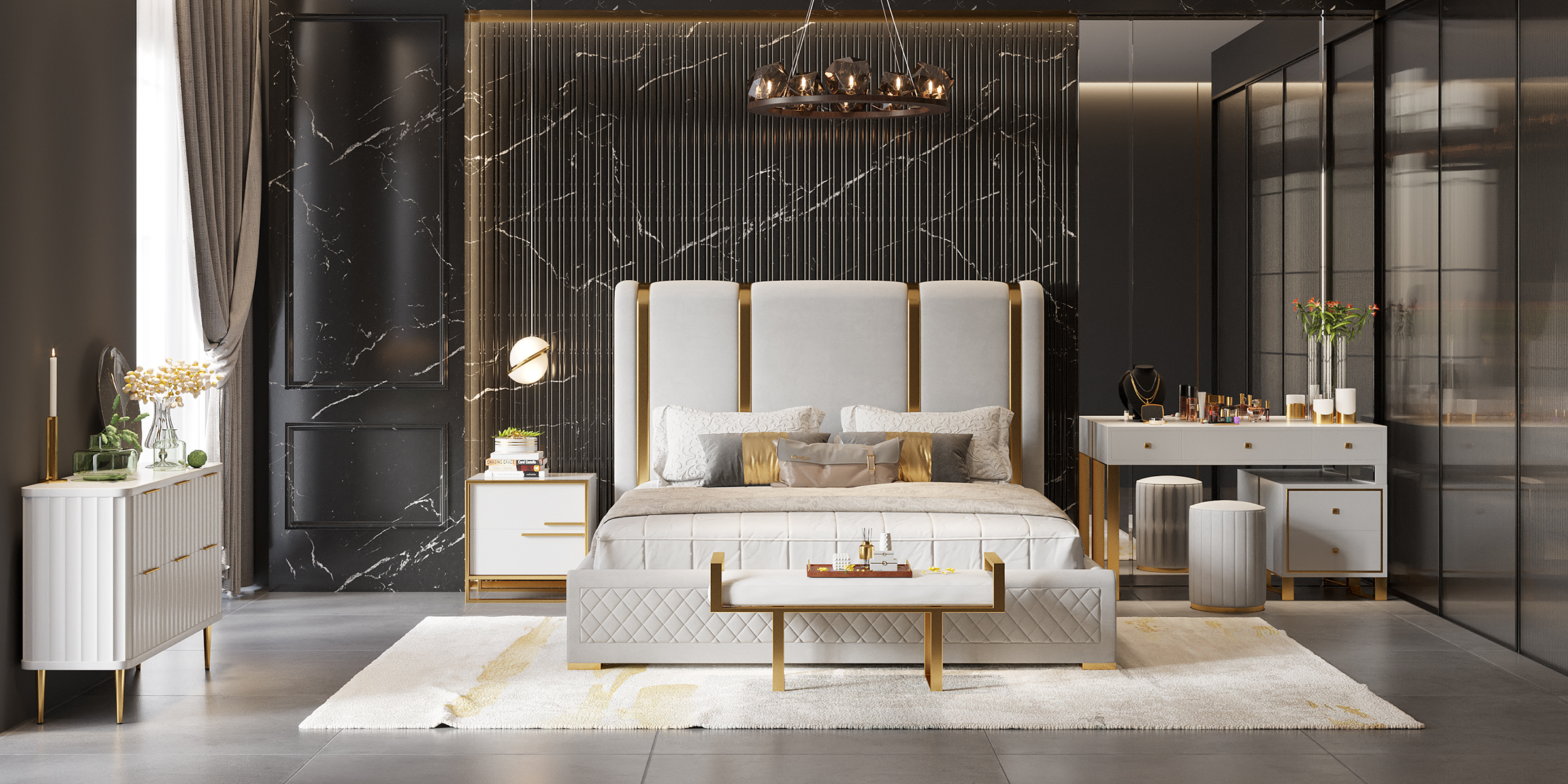 HMR Modern Upholstered Bed Frame with Polished Gold and Faux Leather Headboard - Off-White, Queen Size