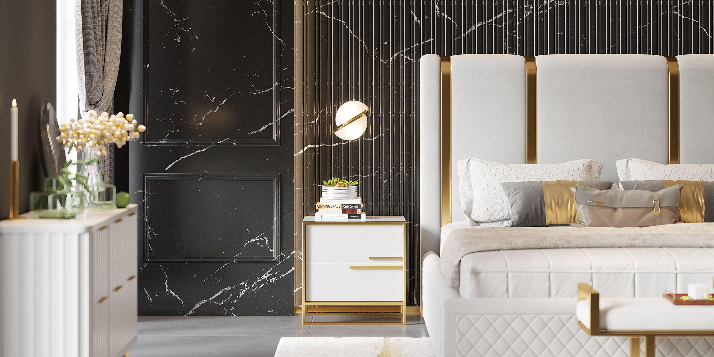 HMR Modern Upholstered Bed Frame with Polished Gold and Faux Leather Headboard - Off-White, Queen Size
