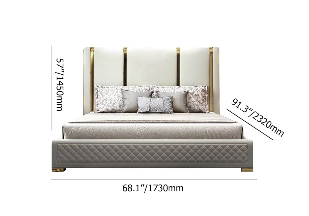HMR Modern Upholstered Bed Frame with Polished Gold and Faux Leather Headboard - Off-White, Queen Size