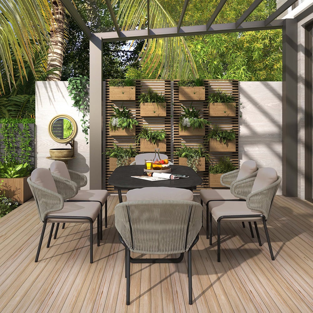 HMR - 7-Pieces Woven Rattan Outdoor Patio Dining Set with Oval Table and 6 Armchairs