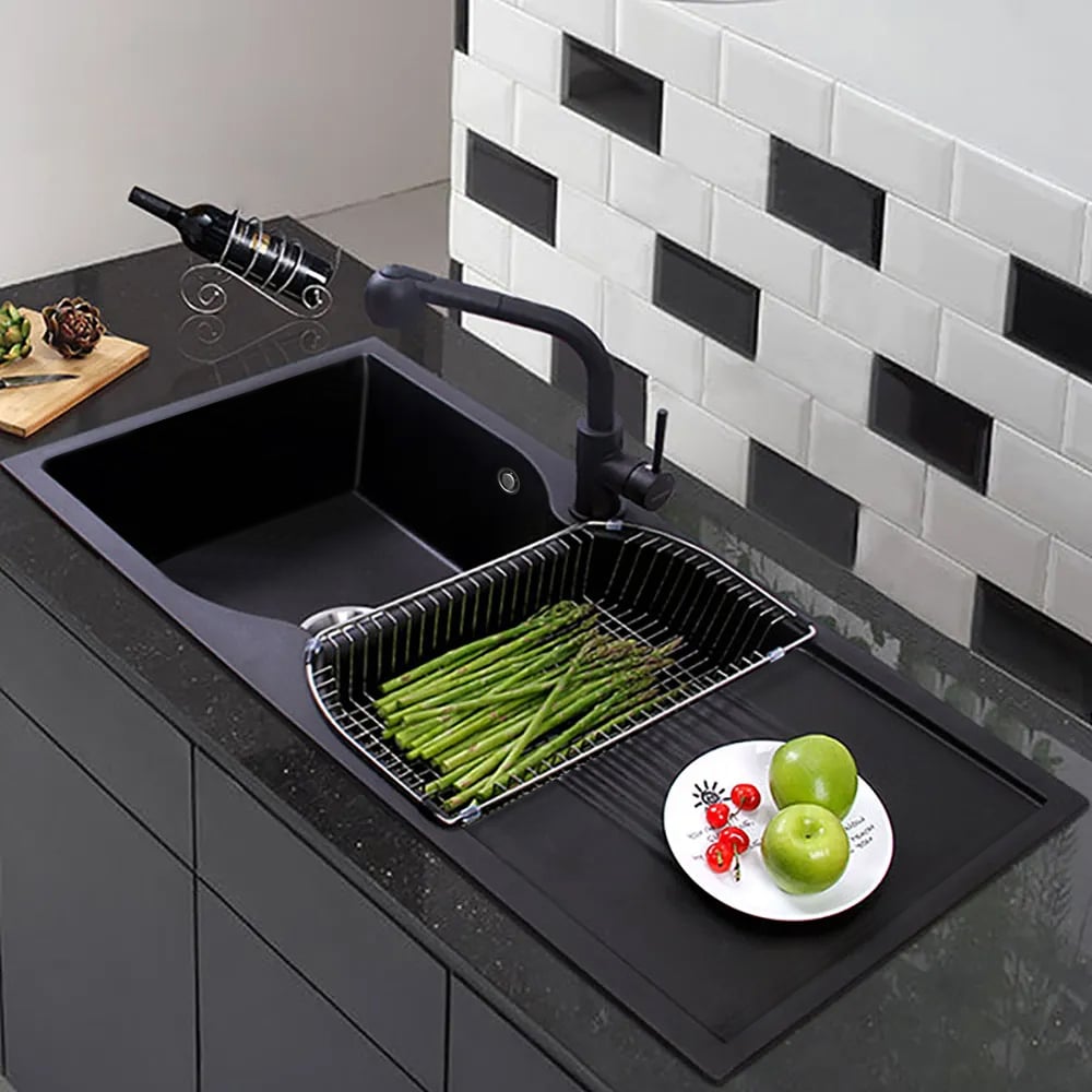 HMR - 45" Black Quartz Kitchen Sink Double Bowl Drop-In Sink with Drain Board