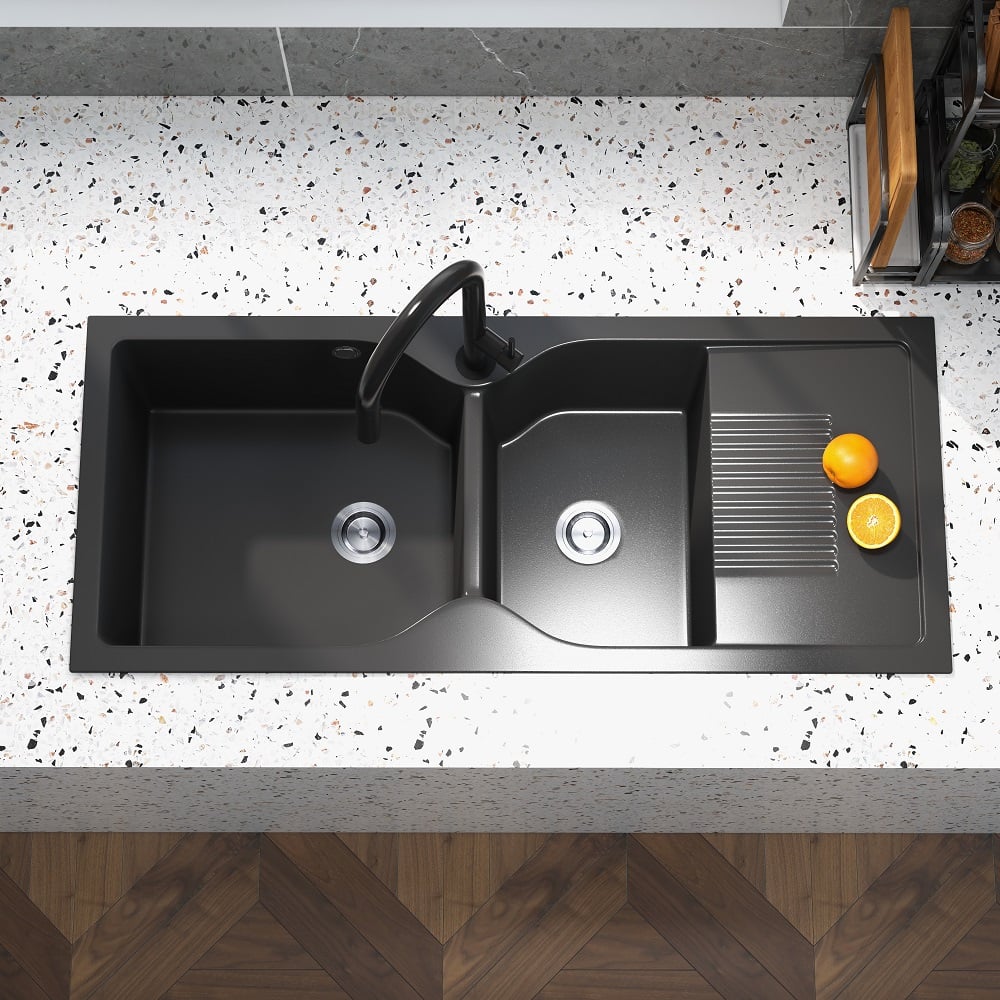 HMR - 45" Black Quartz Kitchen Sink Double Bowl Drop-In Sink with Drain Board