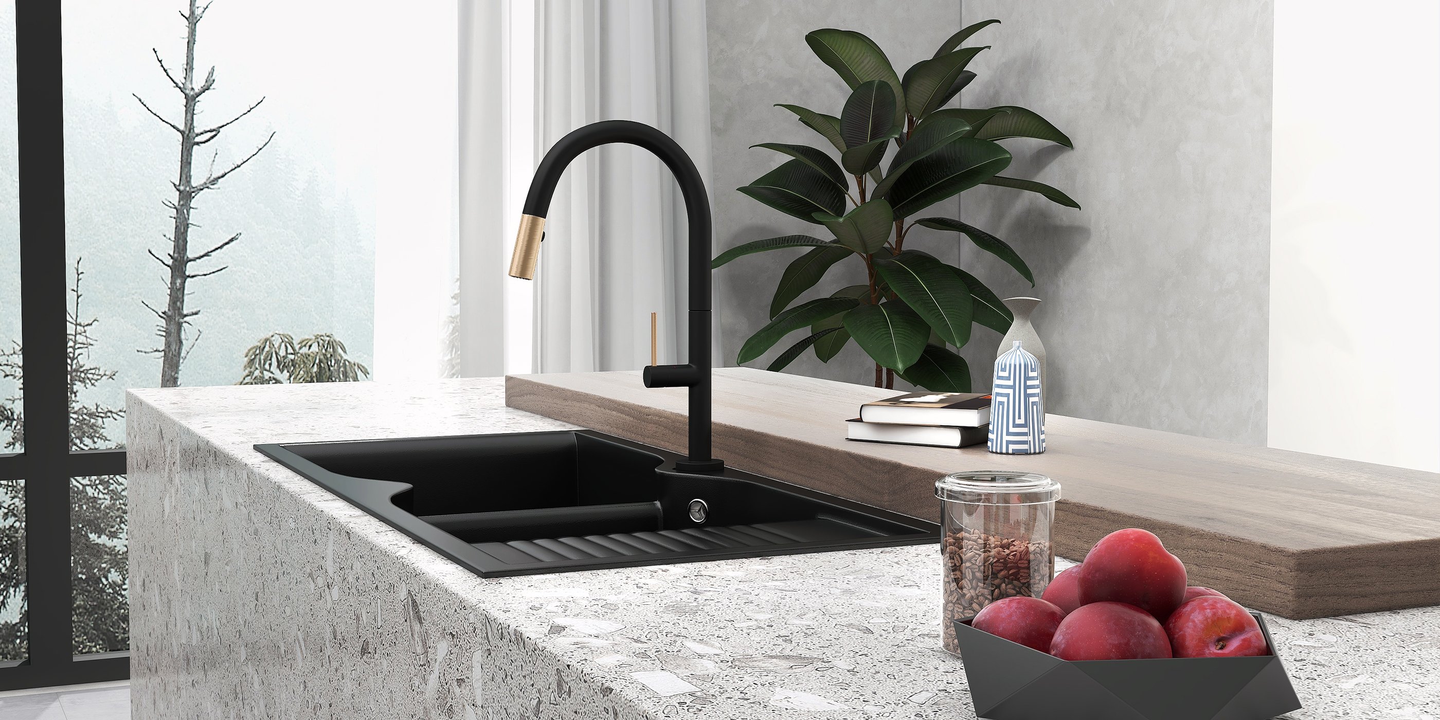 HMR - 45" Black Quartz Kitchen Sink Double Bowl Drop-In Sink with Drain Board