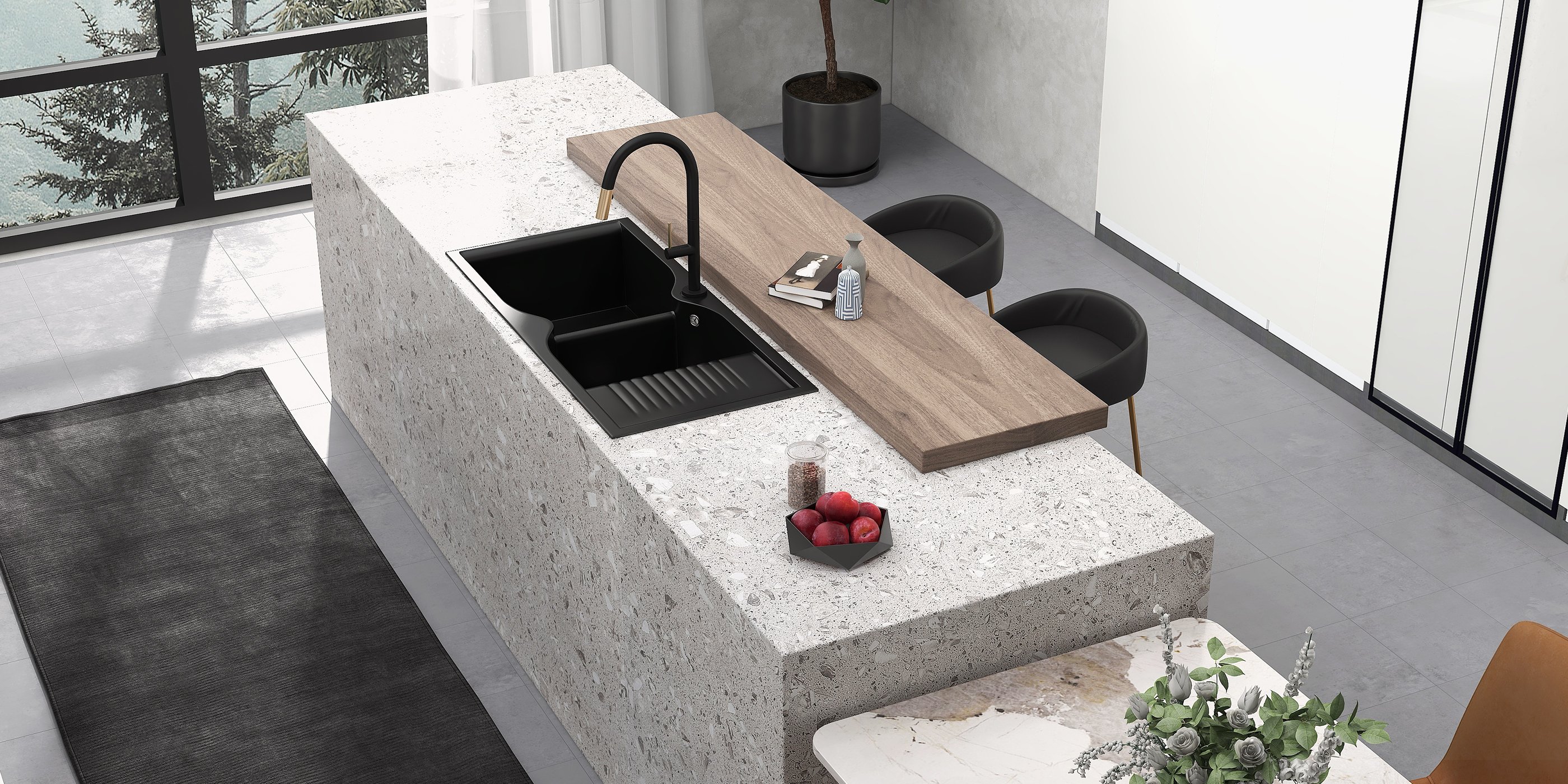 HMR - 45" Black Quartz Kitchen Sink Double Bowl Drop-In Sink with Drain Board