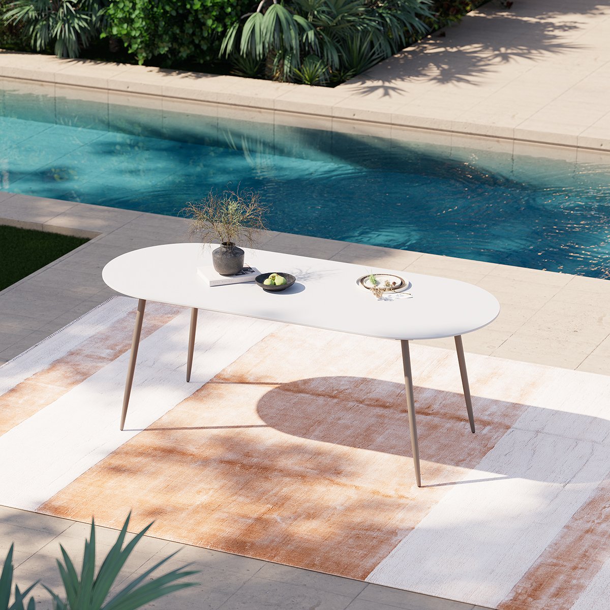 HMR - 6-Person Oval Faux Marble Top Outdoor Patio Dinning Table in White (70.9" Width)