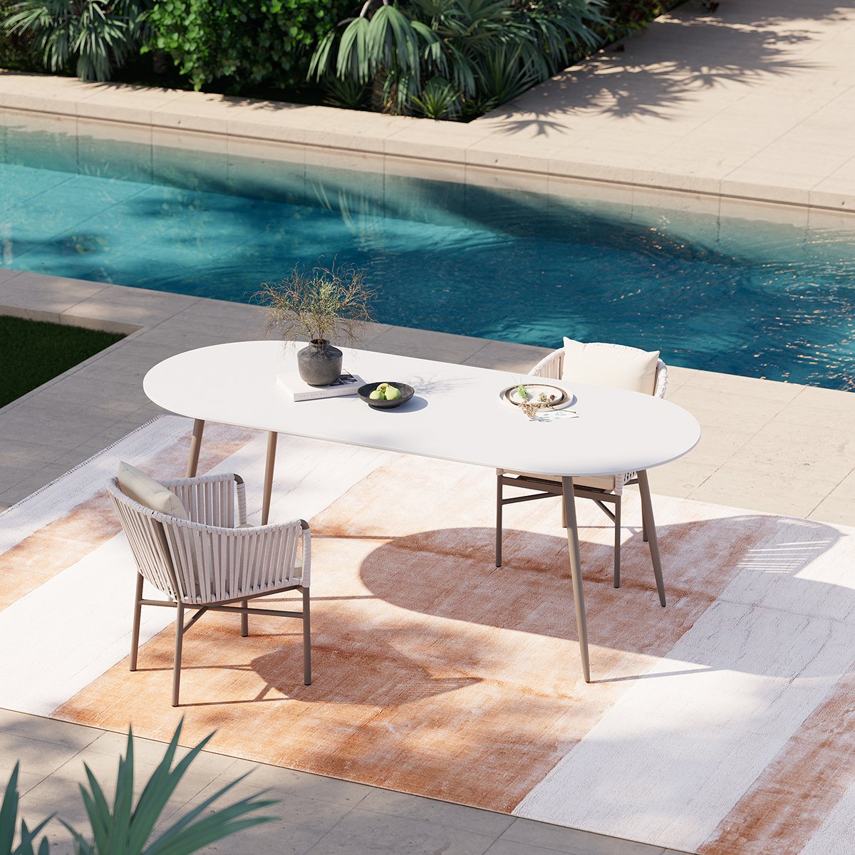 HMR - 6-Person Oval Faux Marble Top Outdoor Patio Dinning Table in White (70.9" Width)