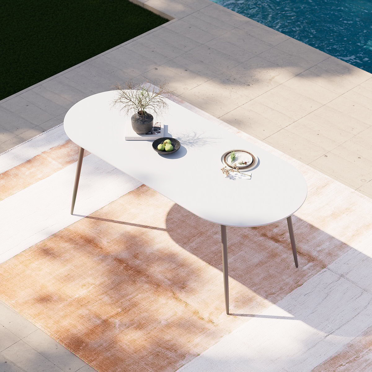 HMR - 6-Person Oval Faux Marble Top Outdoor Patio Dinning Table in White (70.9" Width)
