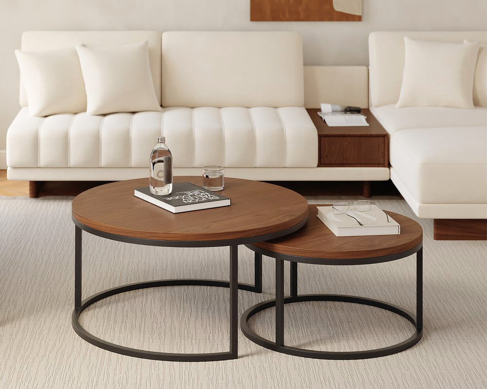HMR Fero Round Nesting Coffee Table Set (24"-32") - Walnut/Black, MDF