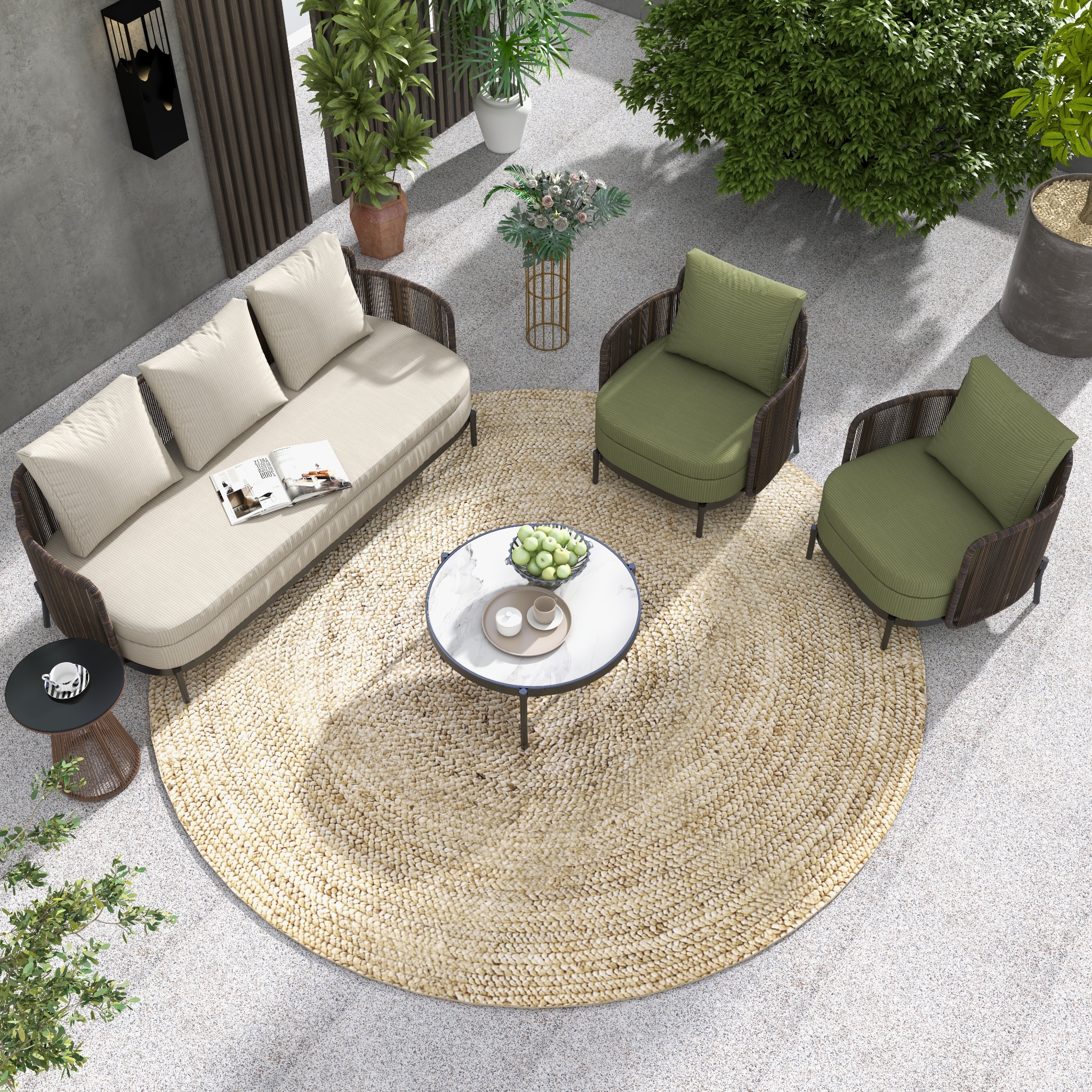 HMR - 4-Pieces Aluminum & Rattan Outdoor Sofa Set with Faux Marble Top Coffee Table Cushion Pillow
