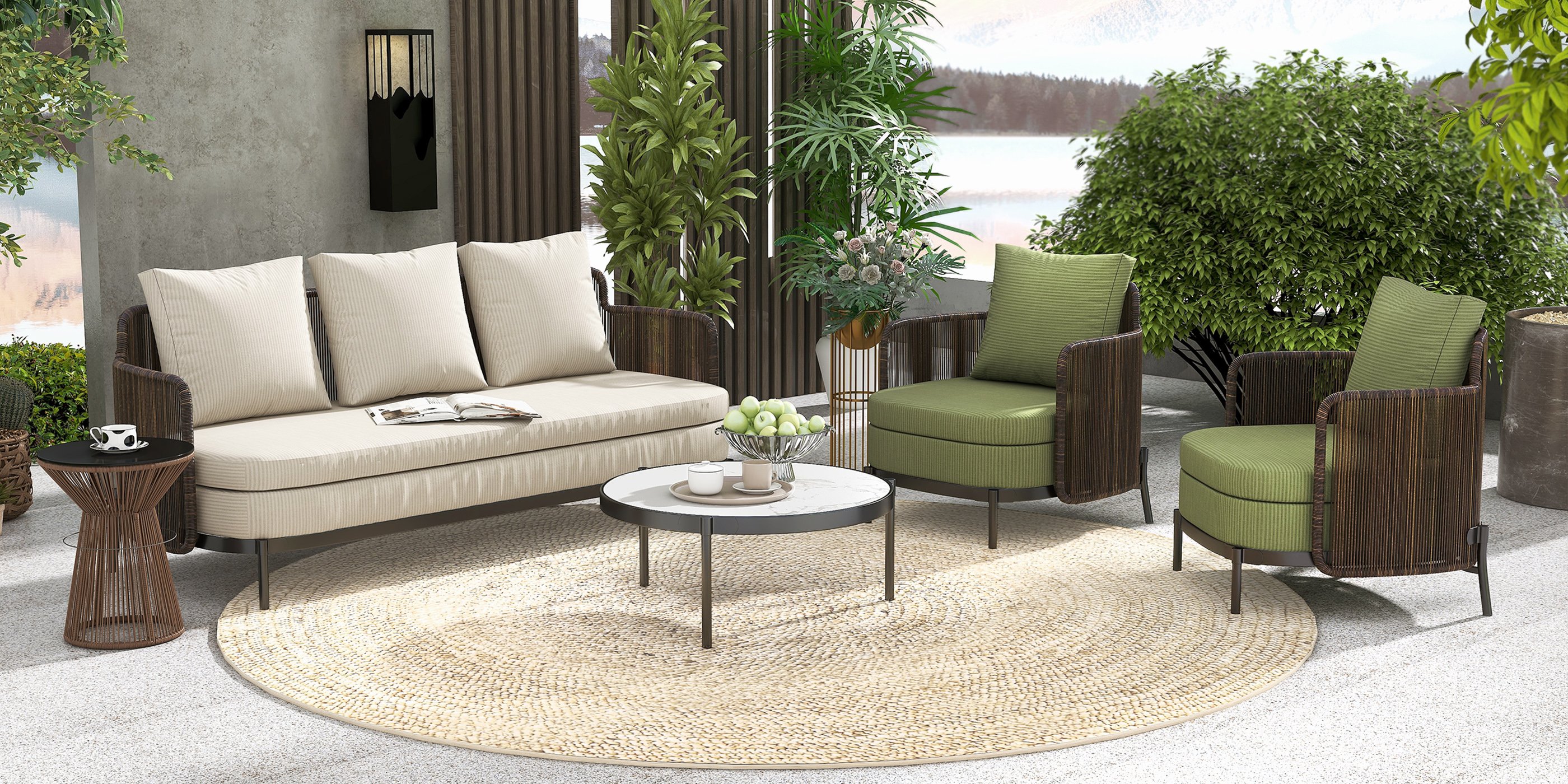 HMR - 4-Pieces Aluminum & Rattan Outdoor Sofa Set with Faux Marble Top Coffee Table Cushion Pillow