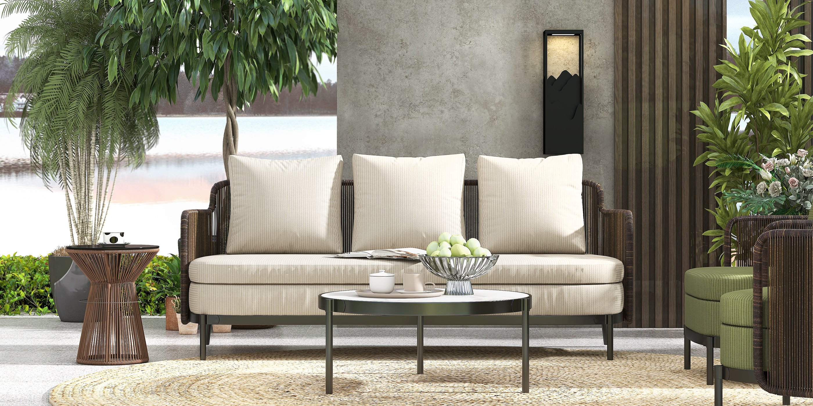 HMR - 4-Pieces Aluminum & Rattan Outdoor Sofa Set with Faux Marble Top Coffee Table Cushion Pillow