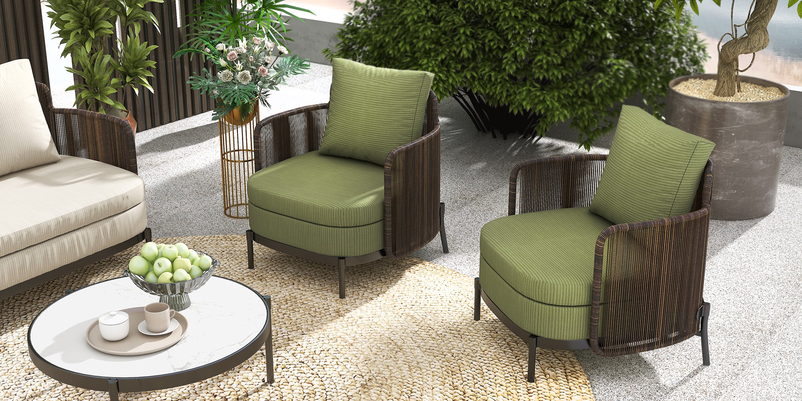 HMR - 4-Pieces Aluminum & Rattan Outdoor Sofa Set with Faux Marble Top Coffee Table Cushion Pillow