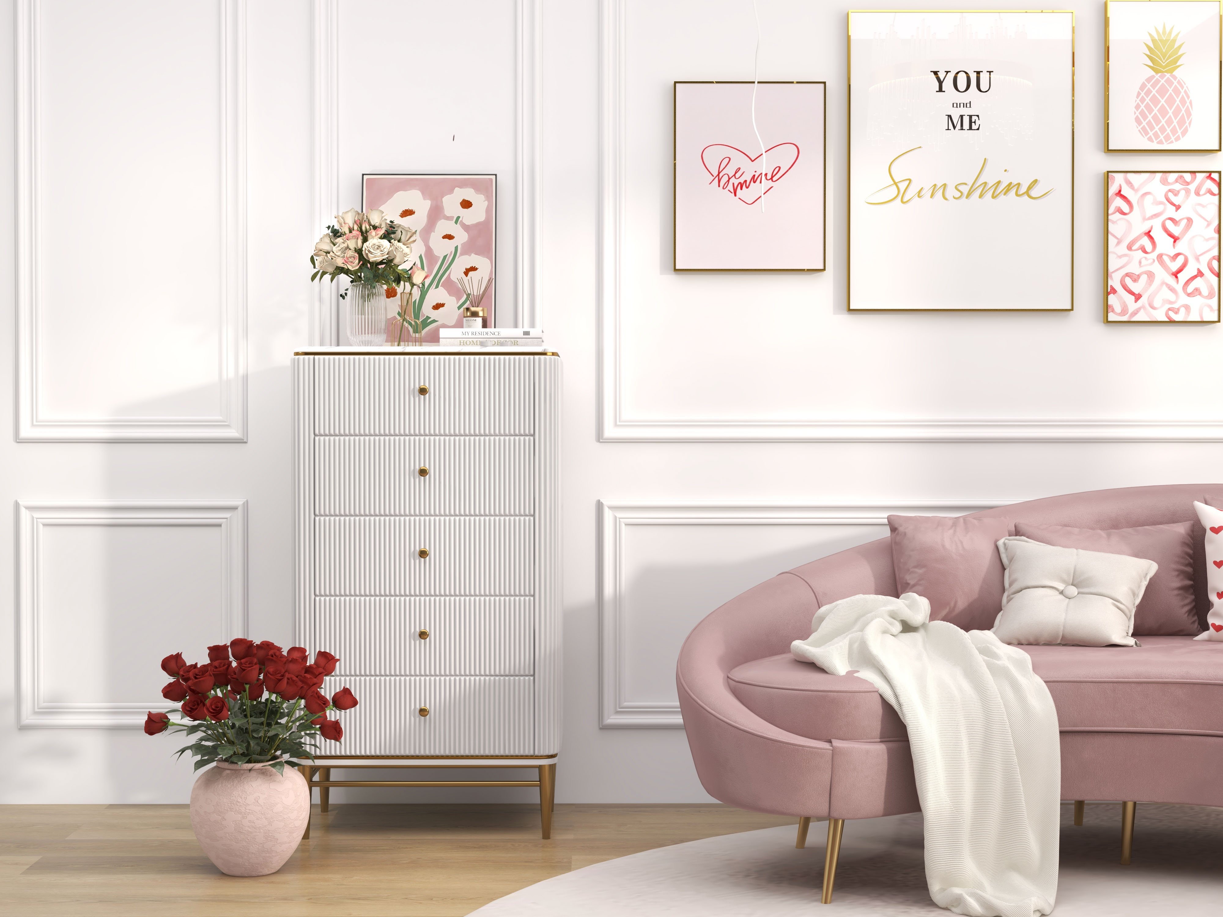 HMR - Bline 25.6" Chest Light Luxurious White & Gold 5-Drawer Dresser