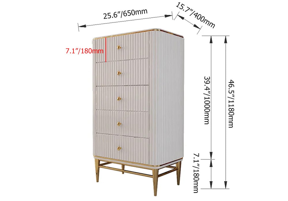HMR - Bline 25.6" Chest Light Luxurious White & Gold 5-Drawer Dresser