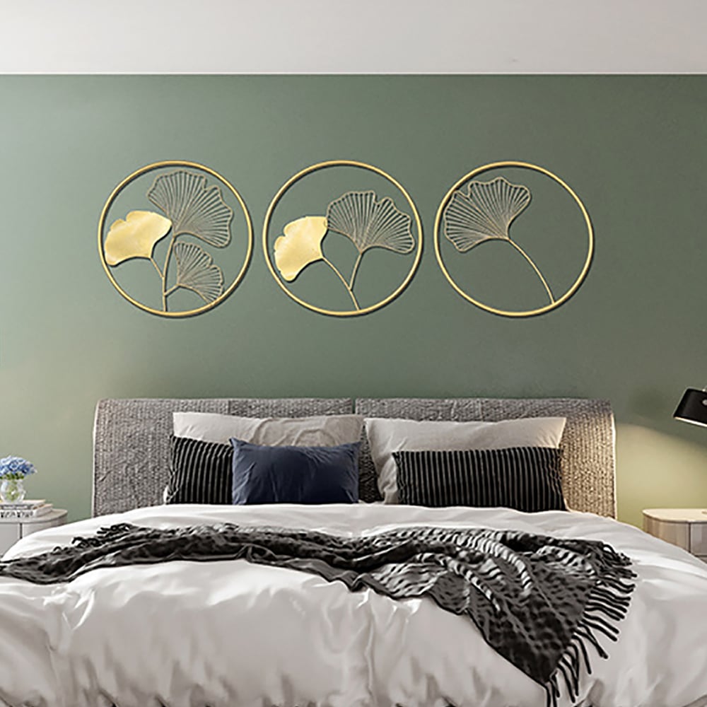 HMR - 3 Pieces Metal Wall Decor with Ginkgo Leaves in Gold