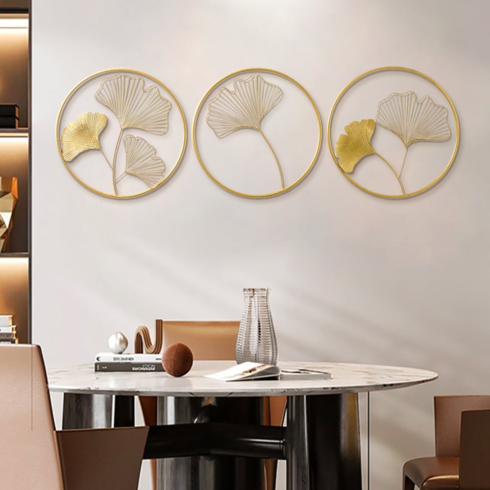 HMR - 3 Pieces Metal Wall Decor with Ginkgo Leaves in Gold