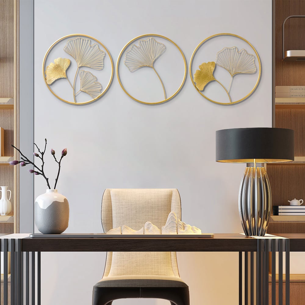 HMR - 3 Pieces Metal Wall Decor with Ginkgo Leaves in Gold