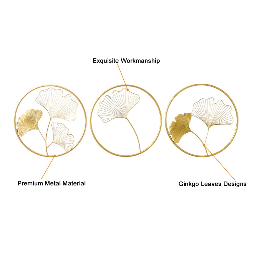HMR - 3 Pieces Metal Wall Decor with Ginkgo Leaves in Gold