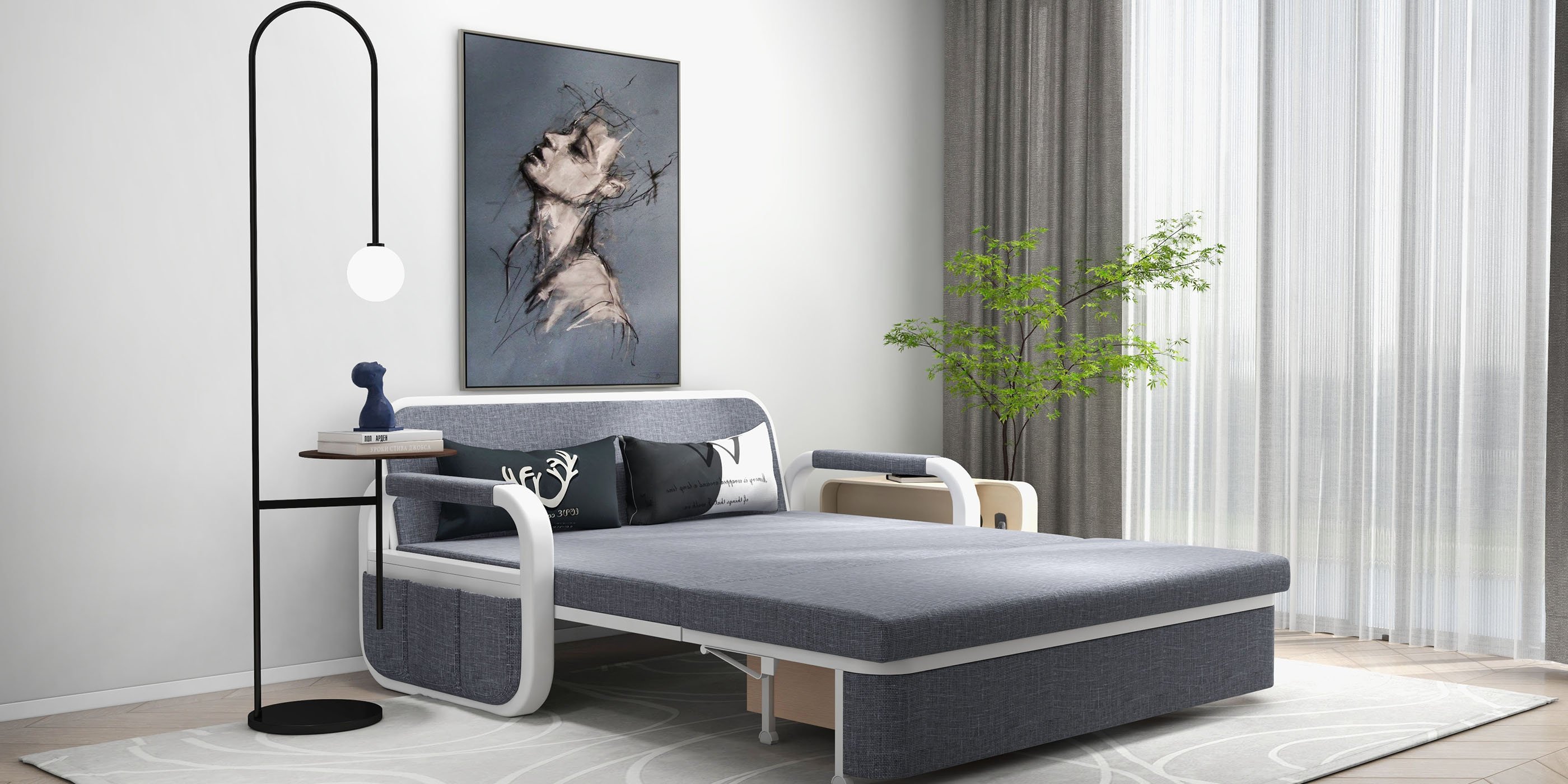 HMR 62" Queen 2-Seater Linen Convertible Sleeper Sofa - Deep Gray