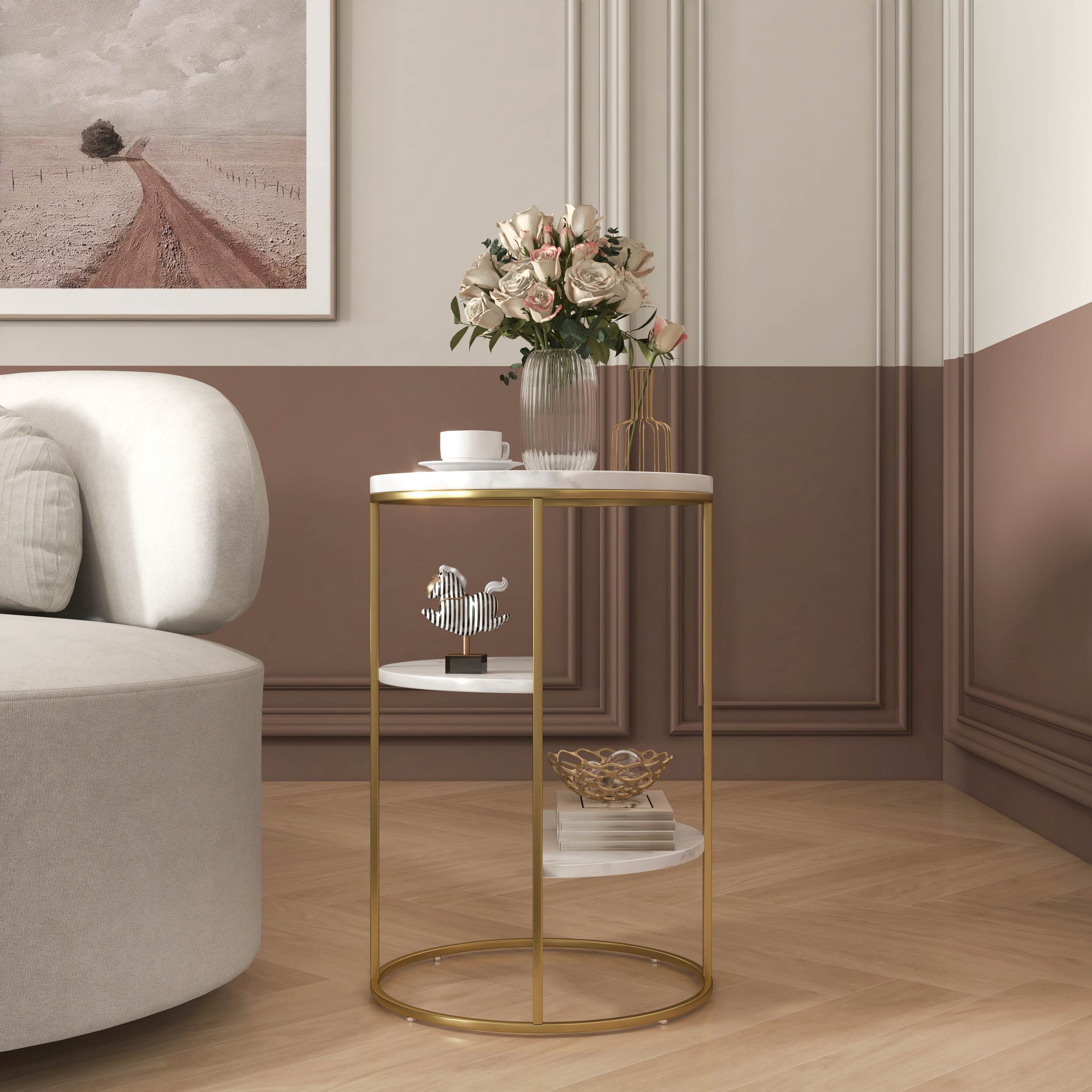 HMR - 3-Tiered End Table with Shelf Marble Top and Metal Frame in White and Gold
