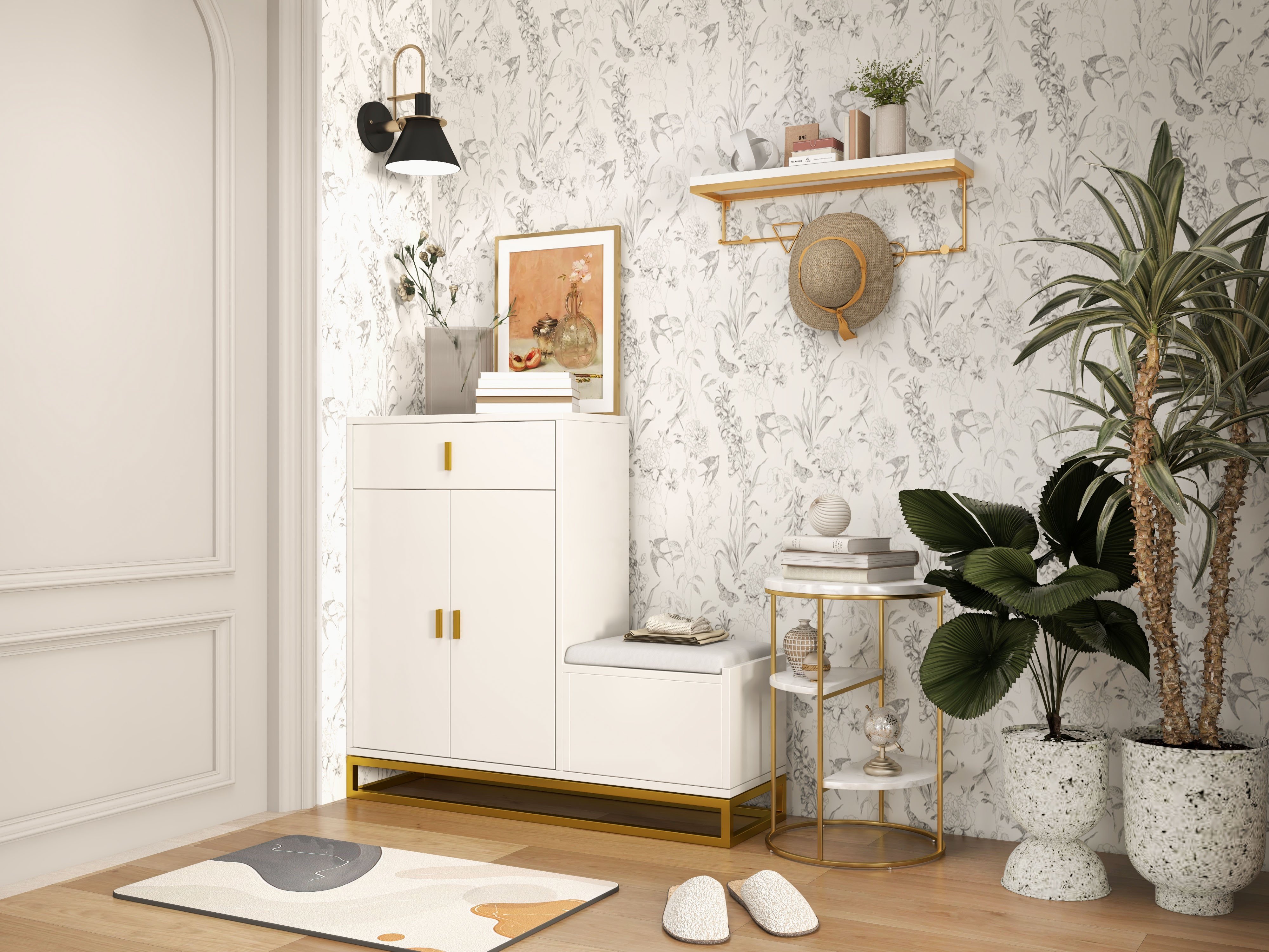 HMR - 3-Tiered End Table with Shelf Marble Top and Metal Frame in White and Gold