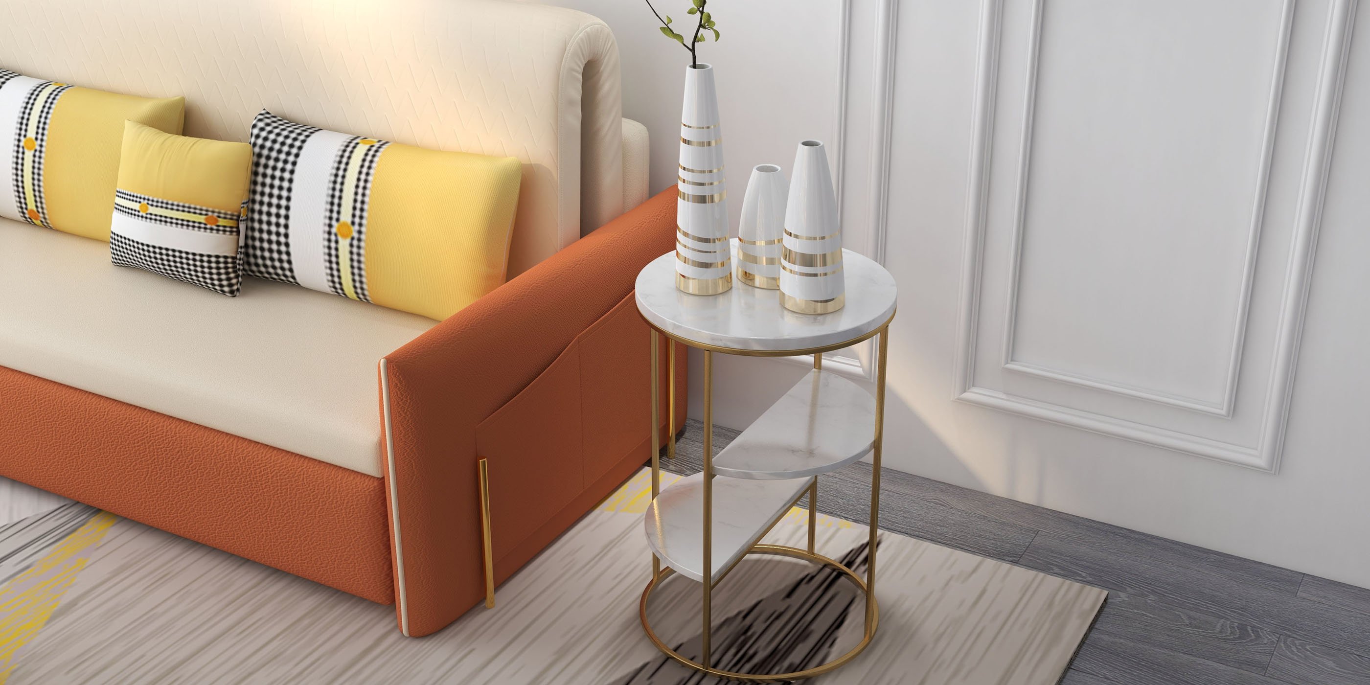 HMR - 3-Tiered End Table with Shelf Marble Top and Metal Frame in White and Gold