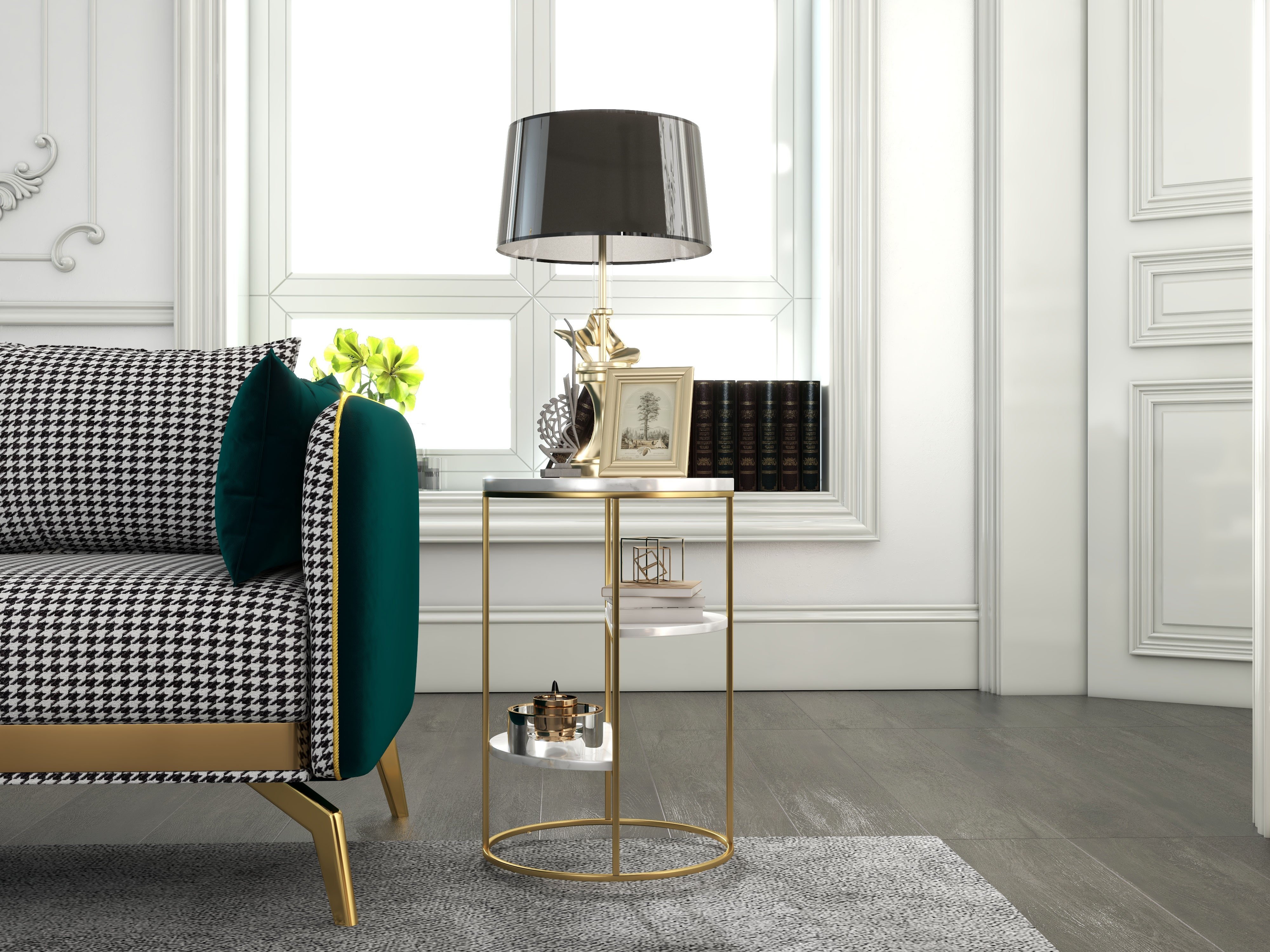 HMR - 3-Tiered End Table with Shelf Marble Top and Metal Frame in White and Gold