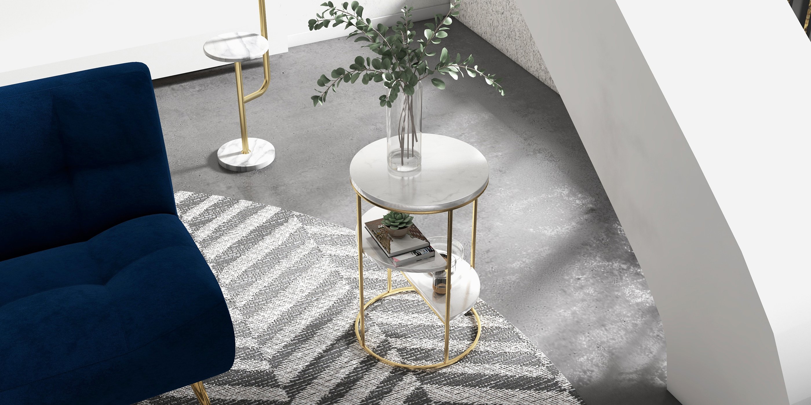 HMR - 3-Tiered End Table with Shelf Marble Top and Metal Frame in White and Gold