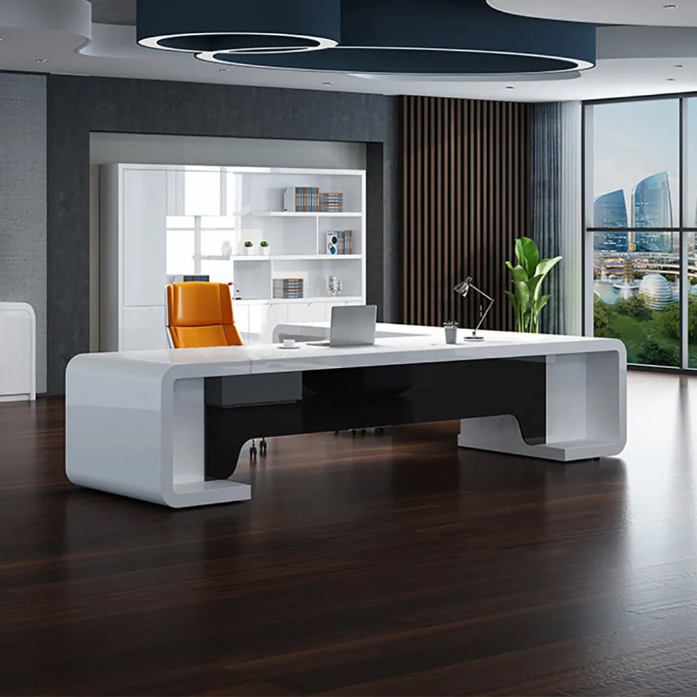 HMR L-Shaped Modern Executive Desk with Drawers - White/Black, Left Hand, 78.7"