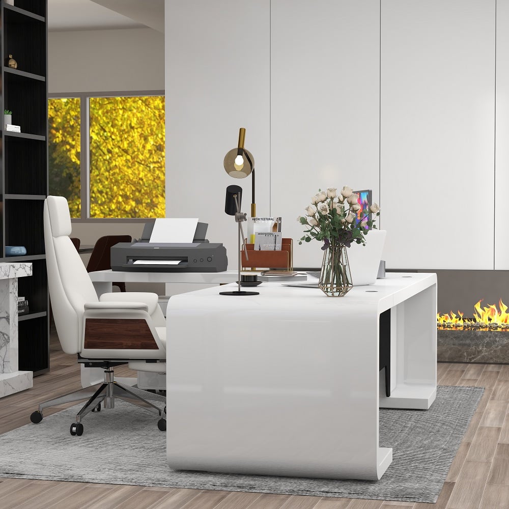 HMR L-Shaped Modern Executive Desk with Drawers - White/Black, Left Hand, 78.7"