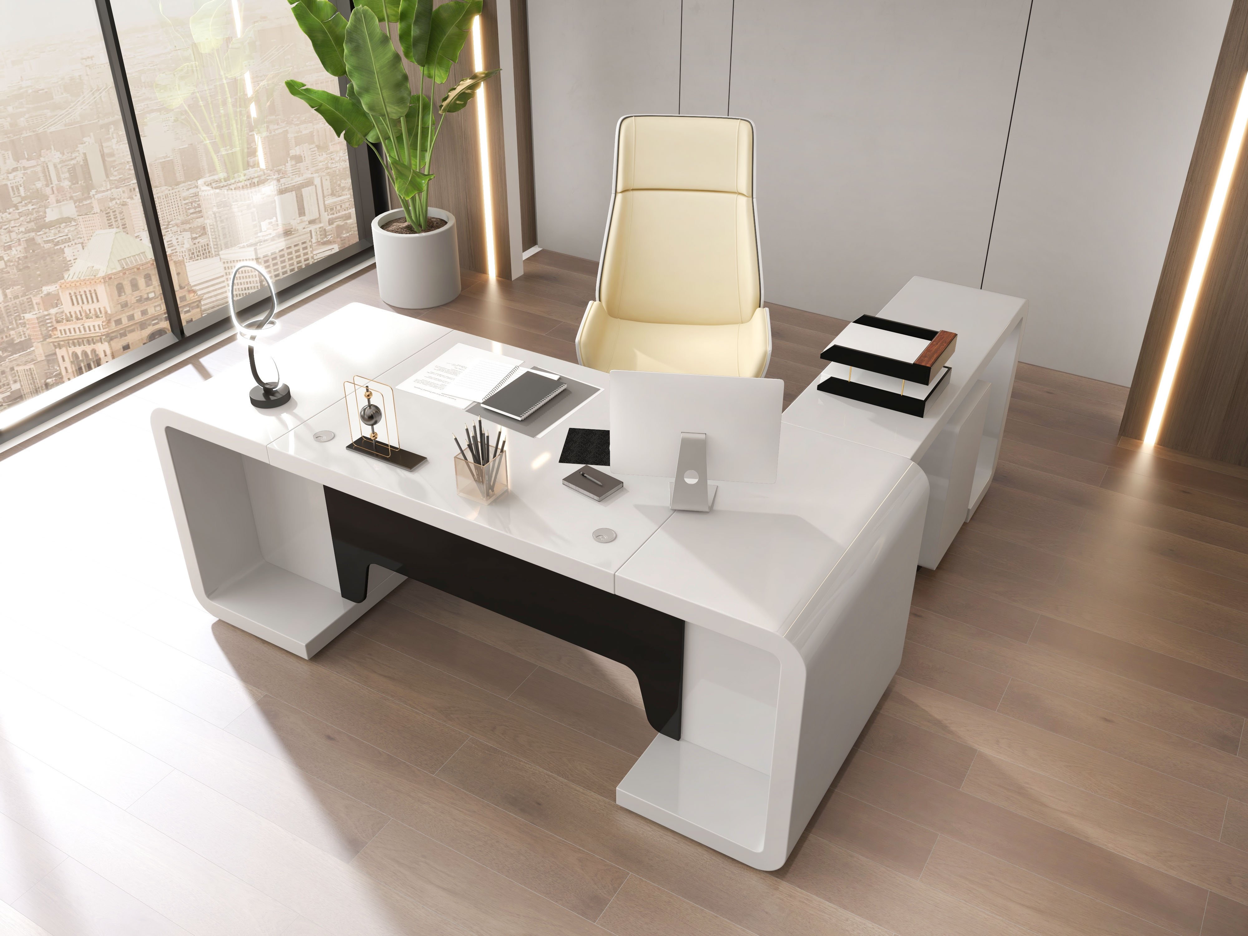 HMR L-Shaped Modern Executive Desk with Drawers - White/Black, Left Hand, 78.7"