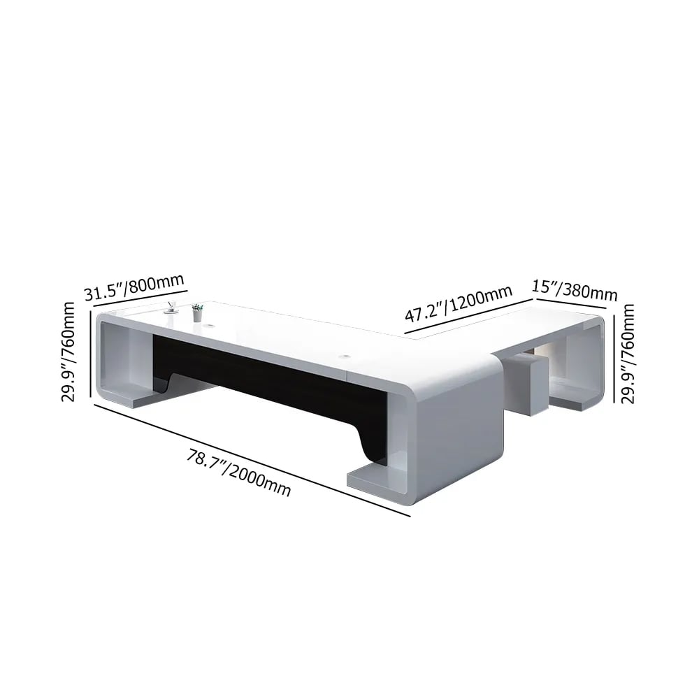 HMR L-Shaped Modern Executive Desk with Drawers - White/Black, Left Hand, 78.7"