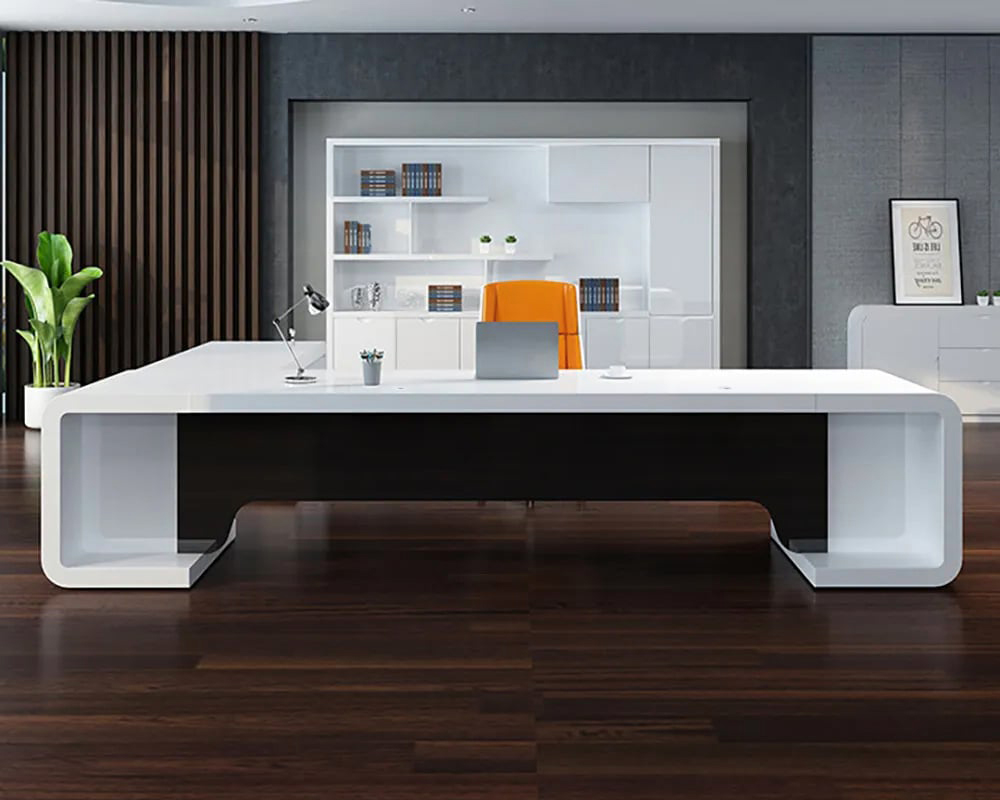 HMR L-Shaped Modern Executive Desk with Drawers - White/Black, Right Hand, 86.6"