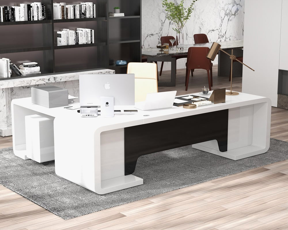 HMR L-Shaped Modern Executive Desk with Drawers - White/Black, Right Hand, 86.6"