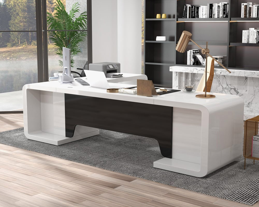 HMR L-Shaped Modern Executive Desk with Drawers - White/Black, Right Hand, 86.6"