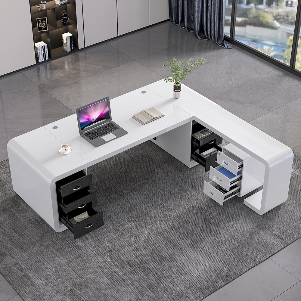 HMR L-Shaped Modern Executive Desk with Drawers - White/Black, Right Hand, 86.6"